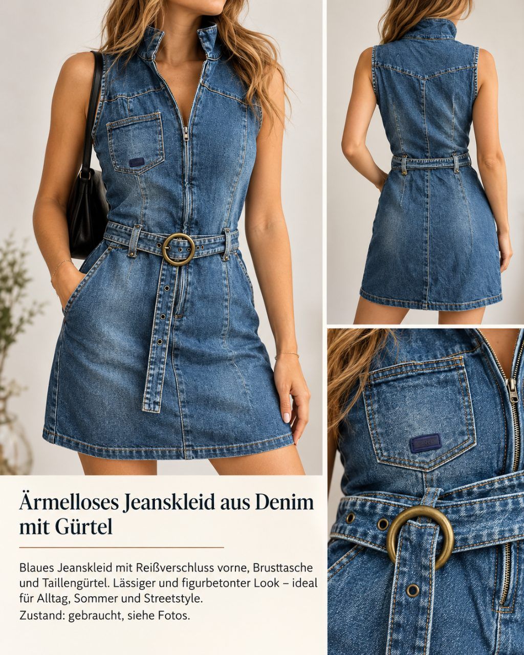 Vintage Jeanskleid Damen blau mit Gürtel & Reißverschluss