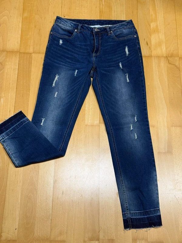 Bodyflirt Damen Jeans Gr. 38 Blau Destroyed Look Used Look Fransen Saum Denim 