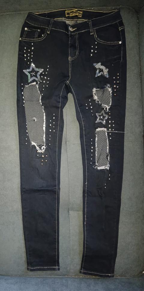 No-Name/Original Denim" Stylische Skinny Jeans mit Sternen, Strass & Mesh-Details Size M