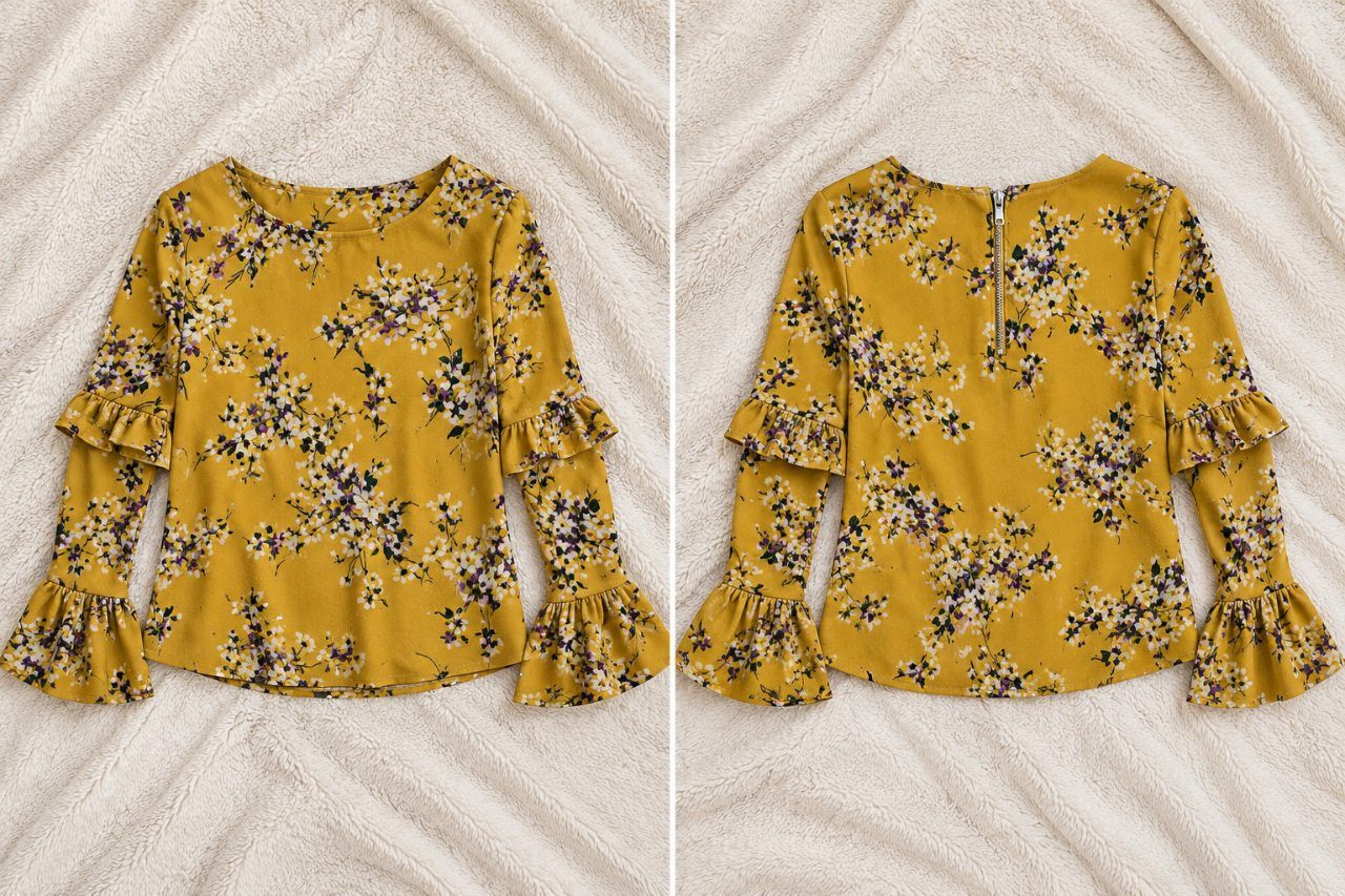 Ohne Marke Senfgelbe Blumenbluse mit verspielten Rüschenärmeln Size XS