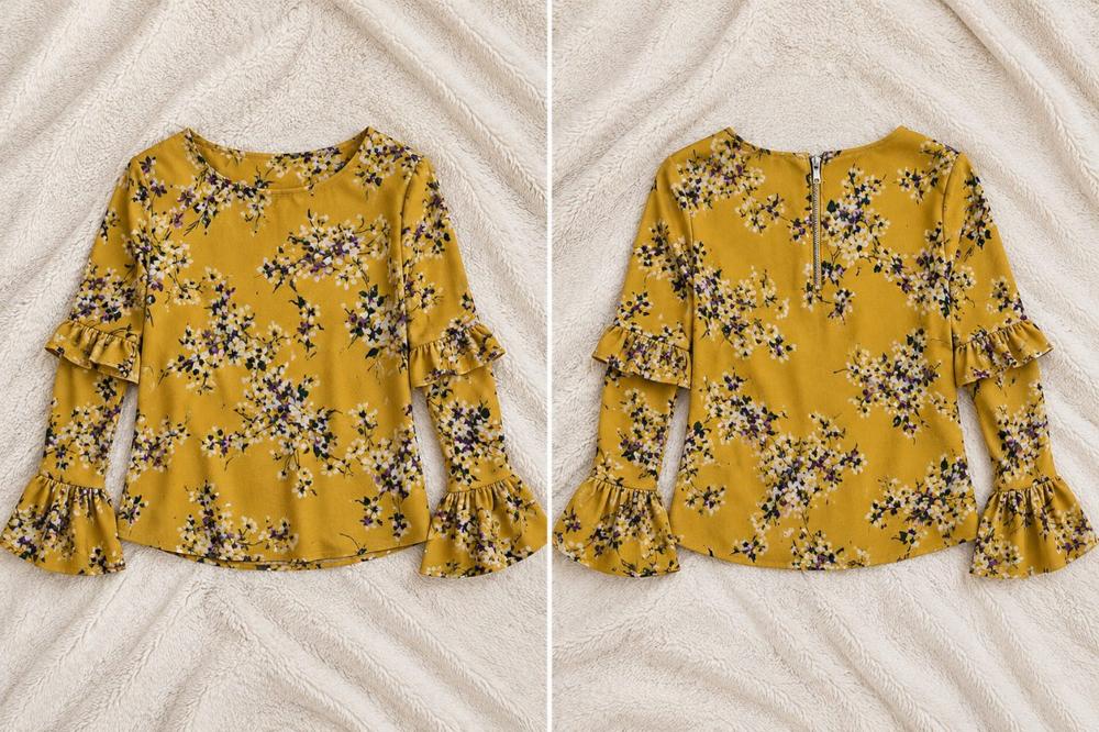 Senfgelbe Blumenbluse mit verspielten Rüschenärmeln
