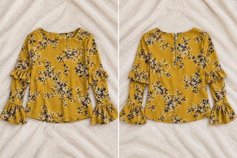 Ohne Marke Senfgelbe Blumenbluse mit verspielten Rüschenärmeln Size XS