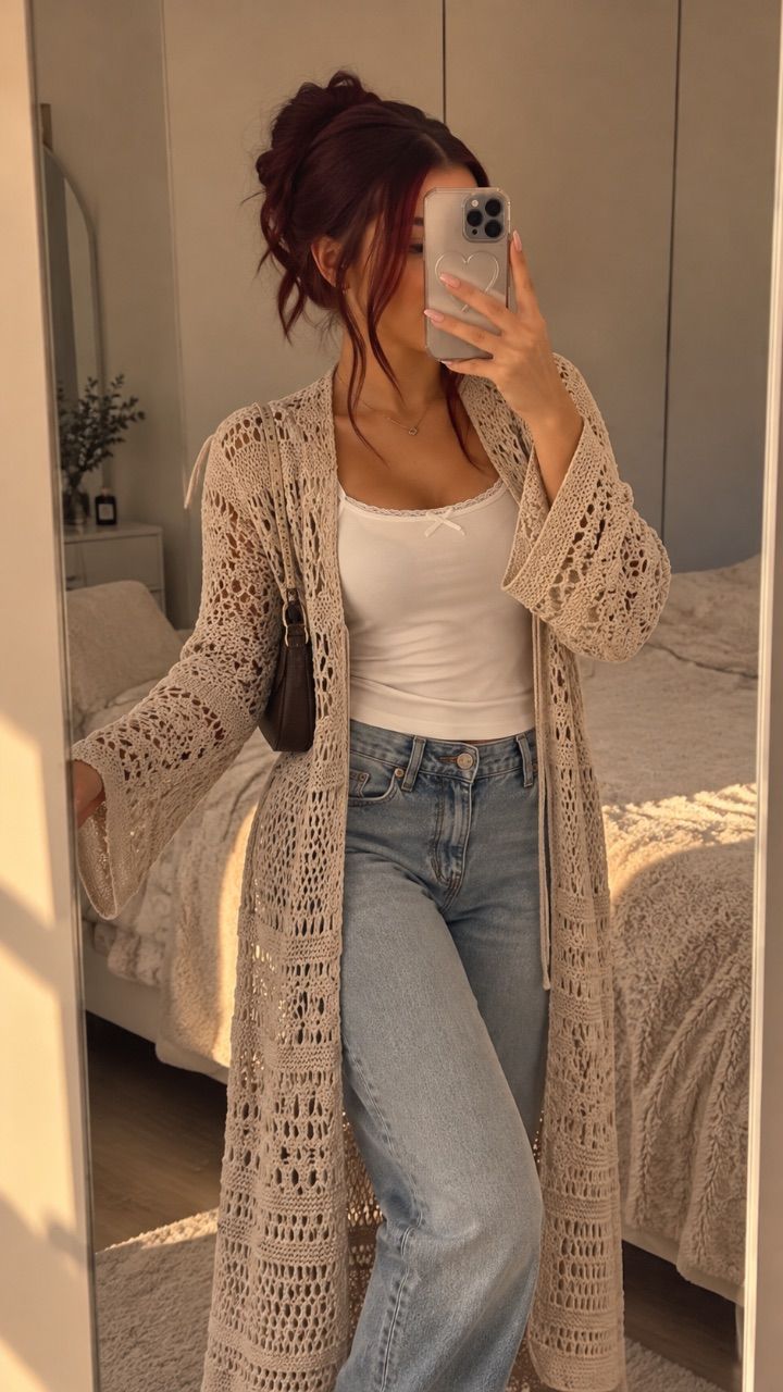 Beiger Häkel-Cardigan – lang & luftig - M Size M