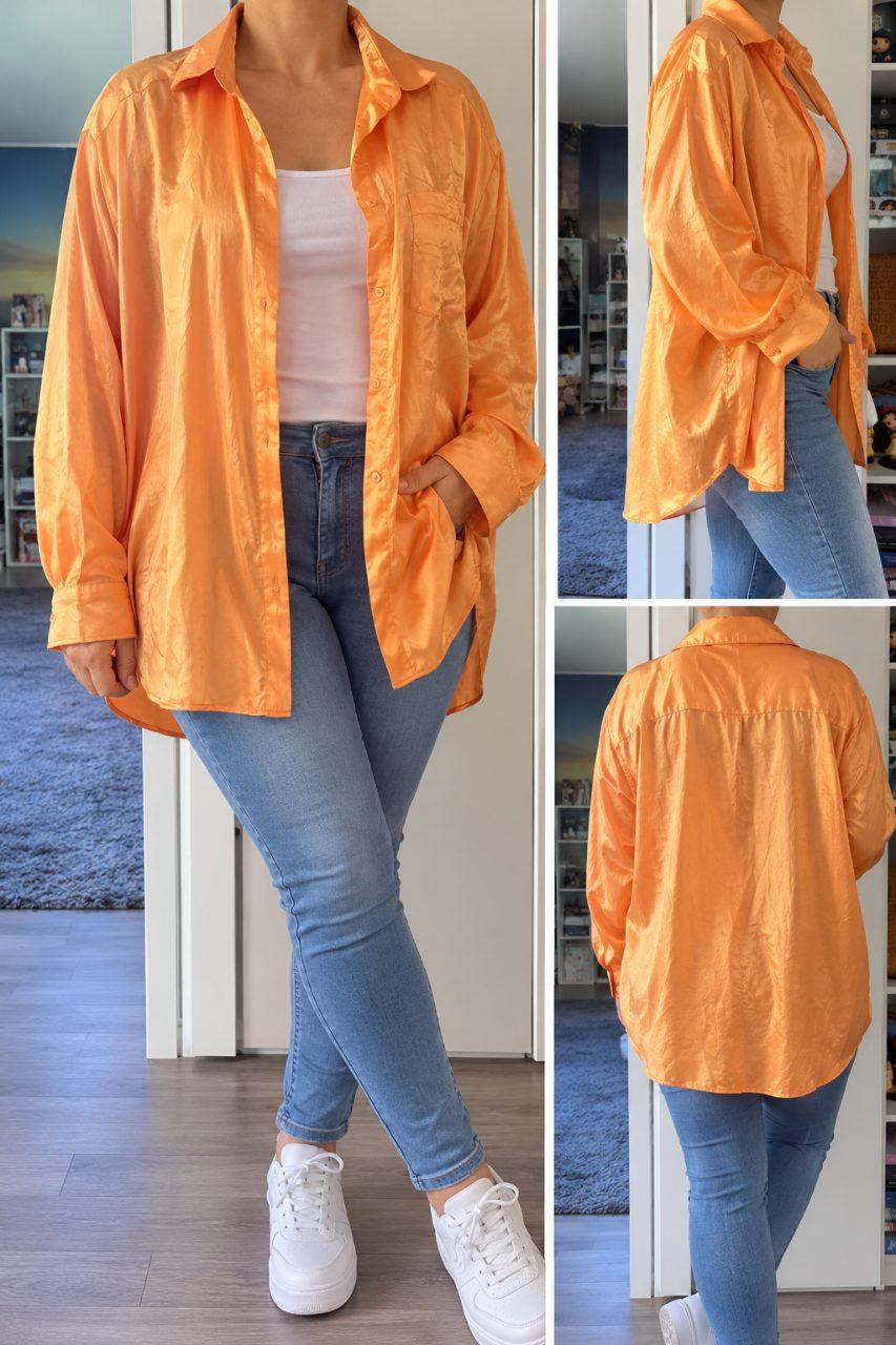 Glänzende Satinbluse in Orange – langarm mit Kragen & Knopfleiste