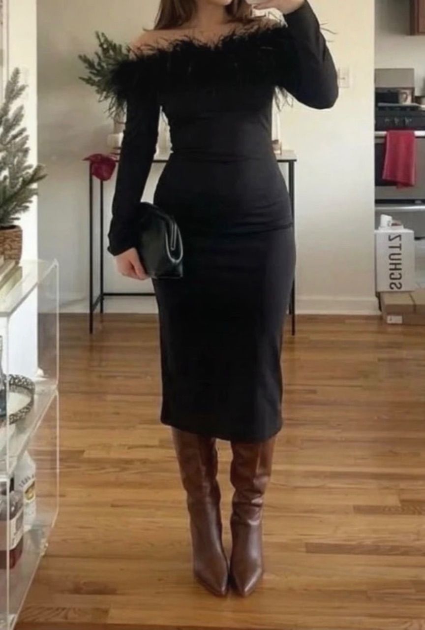 Vintage boutique  Schwarzes Federkleid  Size S